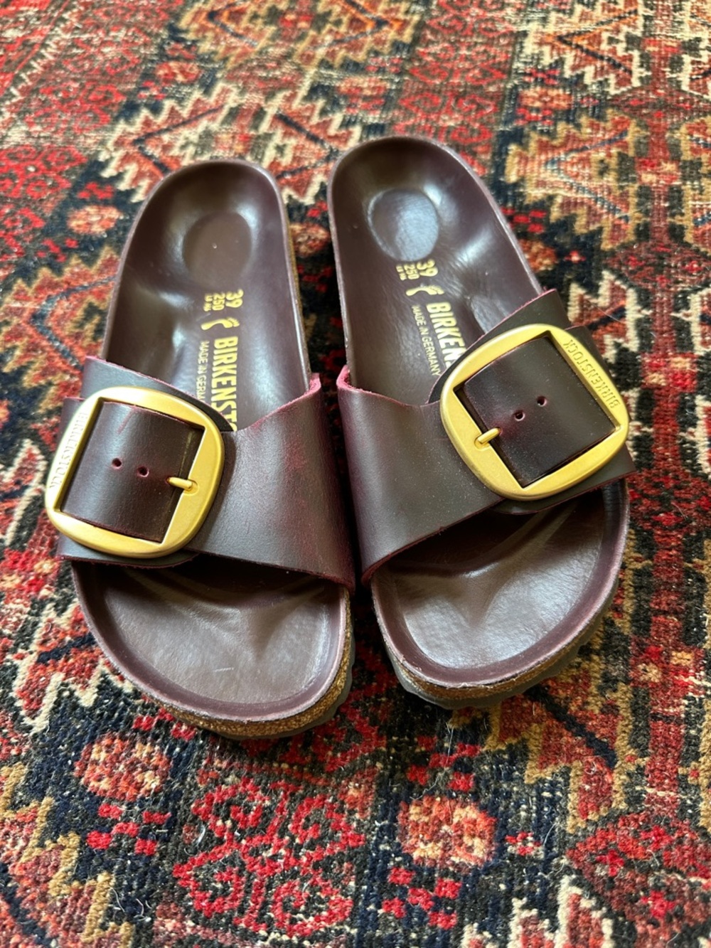 Birkenstock Madrid Big Buckle Slides in Deep Burgundy with Gold Buckles